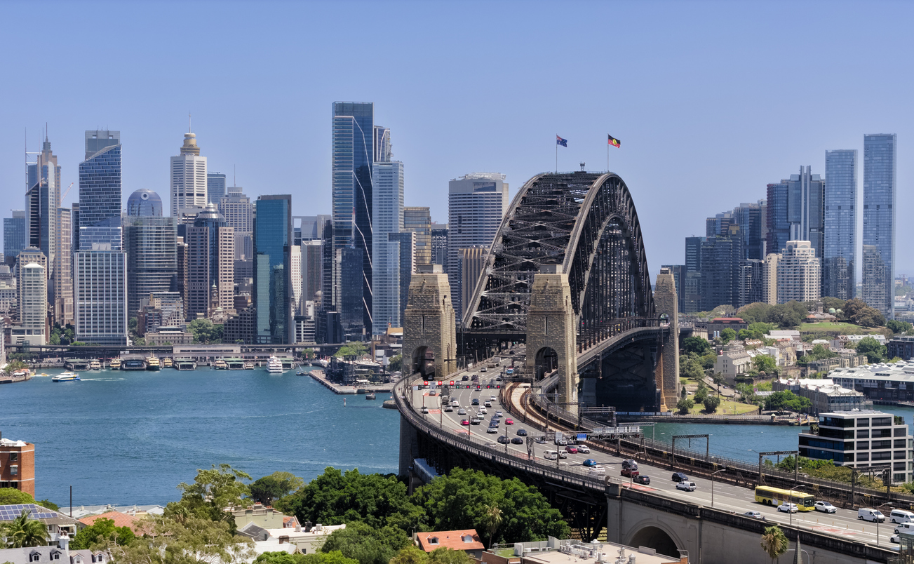 Sydney Kirribilli park to Harbour bridge CBD wide close up aerial view with traffic and cityscape.